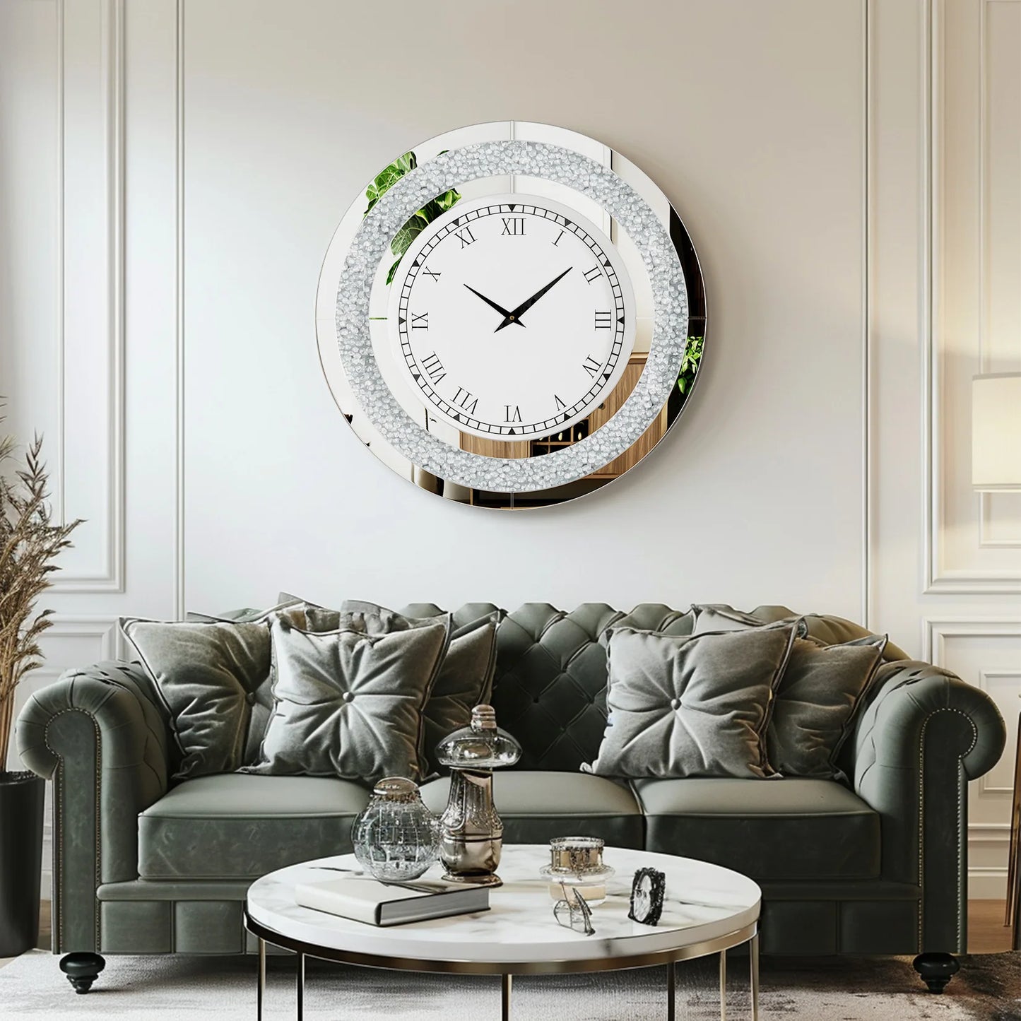 Silver,Tawny Tinted Round Mirror ,24inch Crystal Sparkle Twinkle Bling Crush Diamond Large Mirrored Wall Clock for Living Room