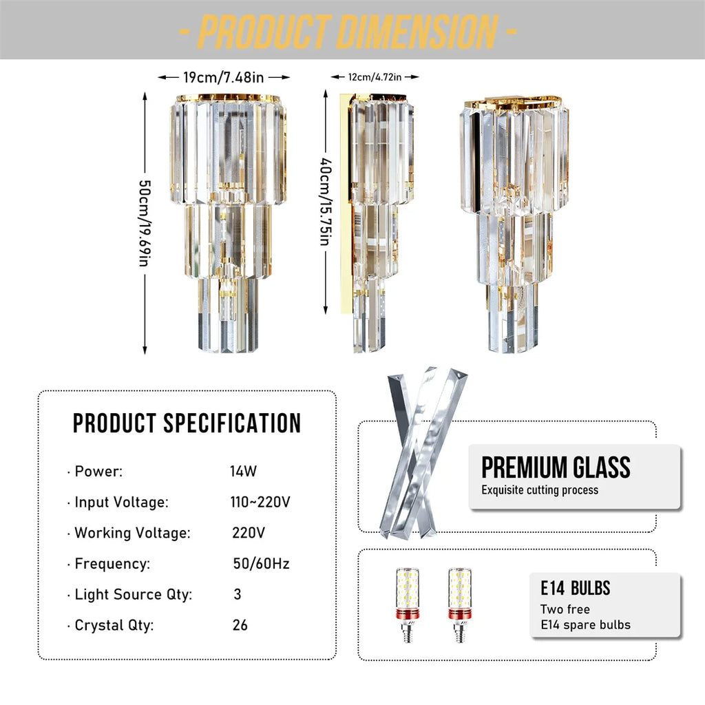 LUVODI Modern Crystal Wall Lamp 3-Layer Wall Crystal Sconce Light E14 Led Corn Lights
