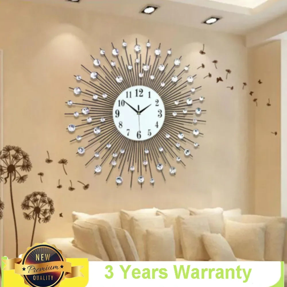 Luxury 3D large metal sunburst wall clock with diamonds, 60x60cm, in a modern living room setting with sofa and pillows.