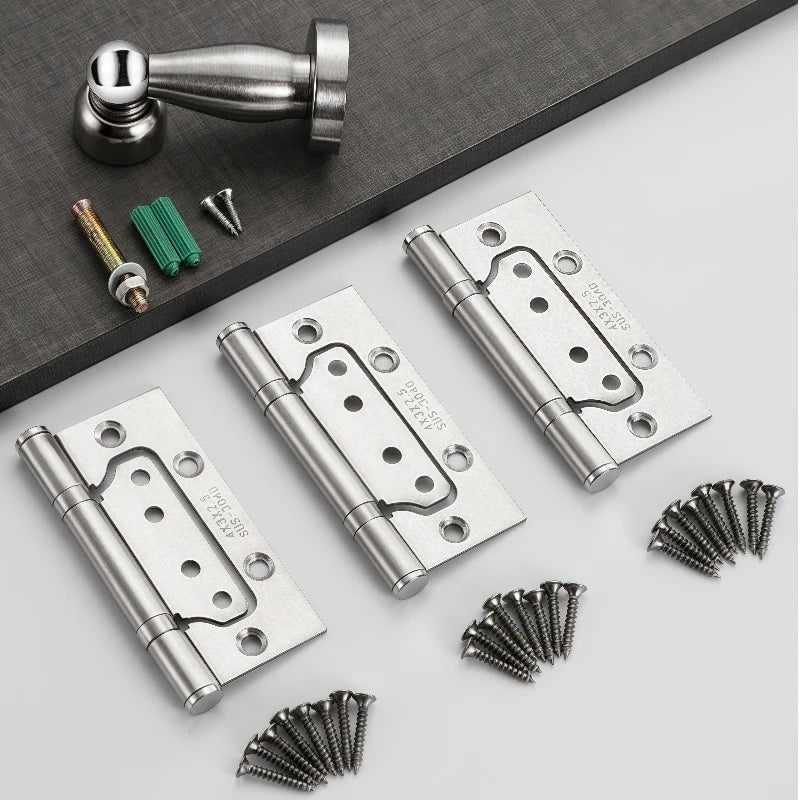Premium stainless steel door hinges with silent, no groove design, shown with screws and installation hardware.