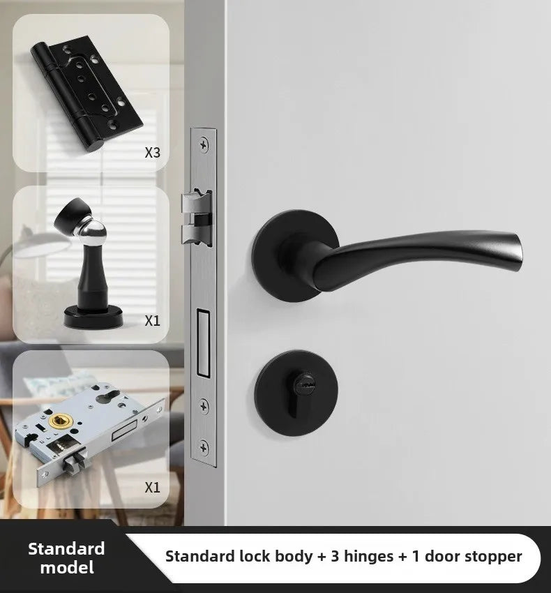 Black American Style Indoor Door Lock, Integrated Magnetic Silent Wooden Door Handle, Universal Home Bedroom Lock