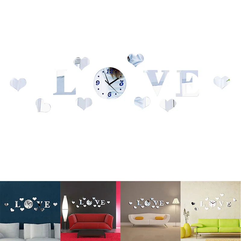 Acrylic DIY 3D Crystal Mirror Decorative ‘’love‘’ Wall Quartz Clock Home Decor Living Room Kitchen Clocks Home Modern Decoration