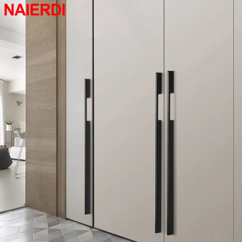 NAIERDI matte black cabinet door handles on modern wardrobe, available in 800mm and 1000mm lengths.