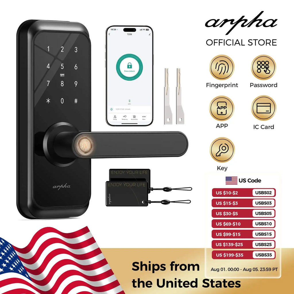 Arpha Smart Lock ‎T228 5-in-1 Entry Keyless Entry Door Lock Fingerprint Keyless Entry Door Lock Anti-Peep Keypad Code Waterproof