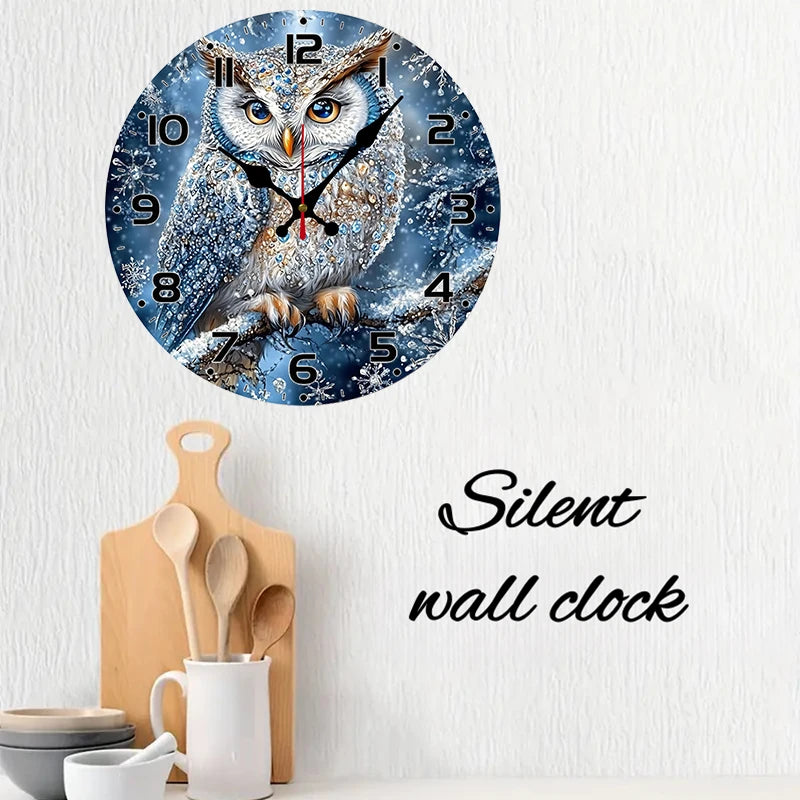Snowy Owl Wooden Round Silent Hanging Wall Clock, Suitable For Living Room, Office, Study Room, Bedroom, Home Decoration