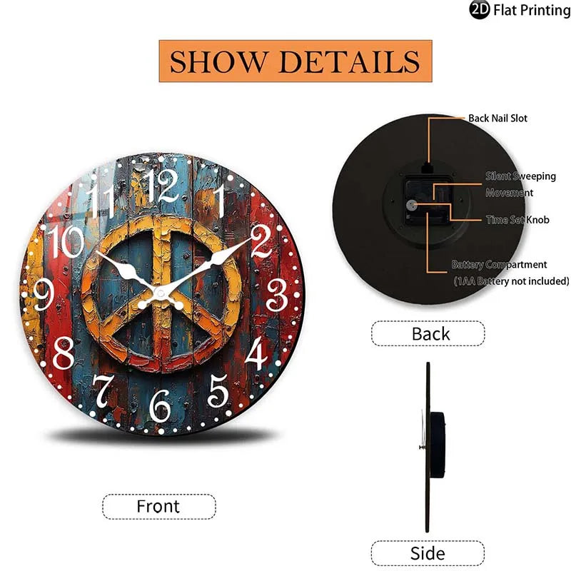 Wooden Silent Wall Clock Abstract peace symbol art Quartz Analog Clock Farmhouse,Office Idea Christmas Halloween