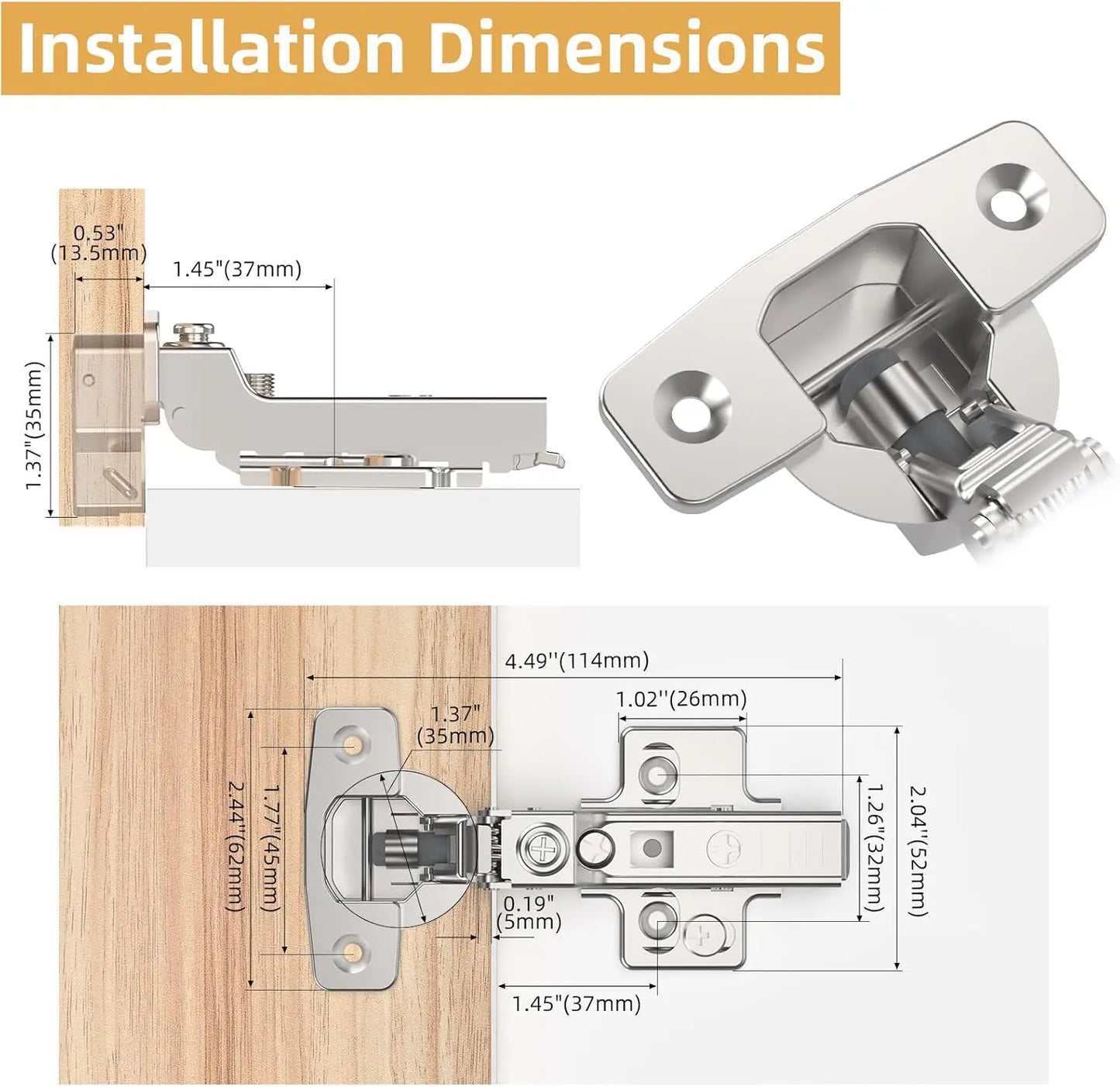 Viladepot 10PCS Frameless Half Overlay Soft Close Cabinet Hinges Speed Control 4D Adjustment Hinges Clip-On 45~110° Open Angle