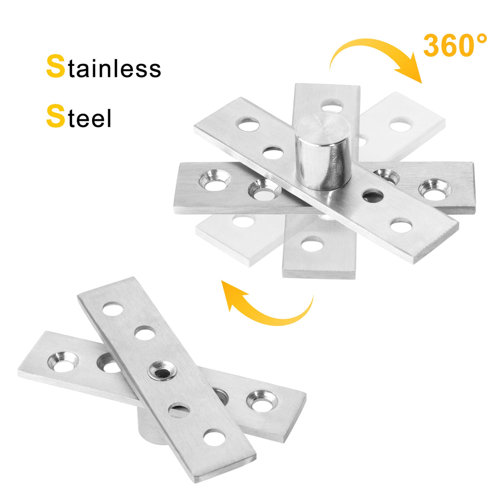 Stainless steel pivot hinge with 360-degree rotation for wooden doors, featuring central and offset-axes design.