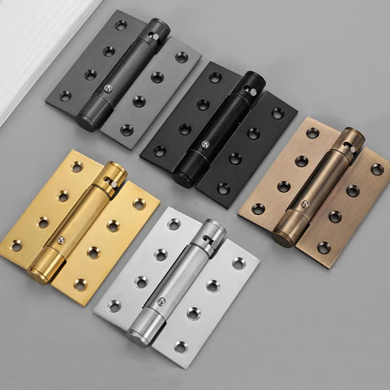 Stainless steel door hinges in black, gold, silver, bronze, and brushed nickel finishes on a gray background.