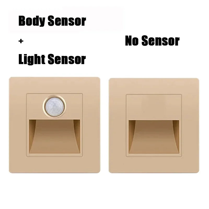 Recessed wall lamp with PIR motion detector and light sensor, available in beige with or without sensors.