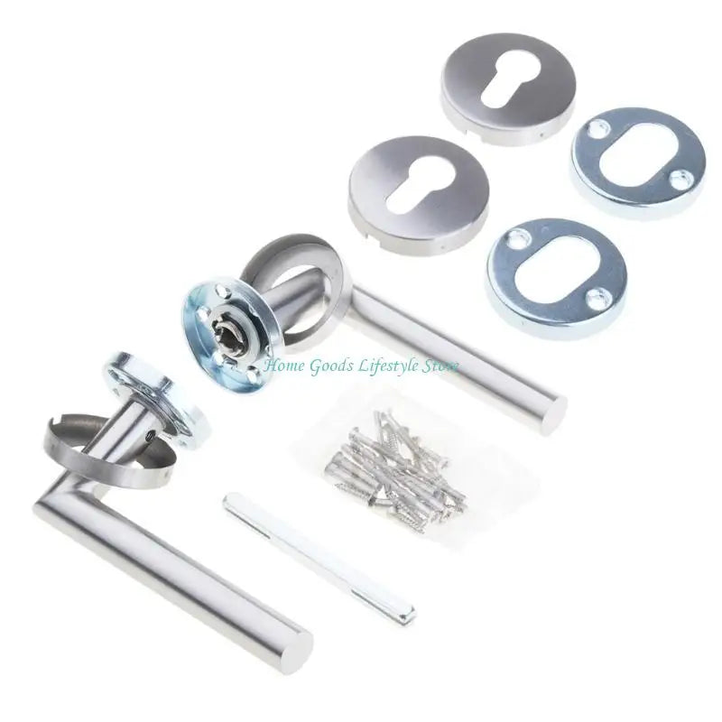 Premium zinc alloy door handle set in brushed silver finish with keyhole covers and screws displayed on a white background.