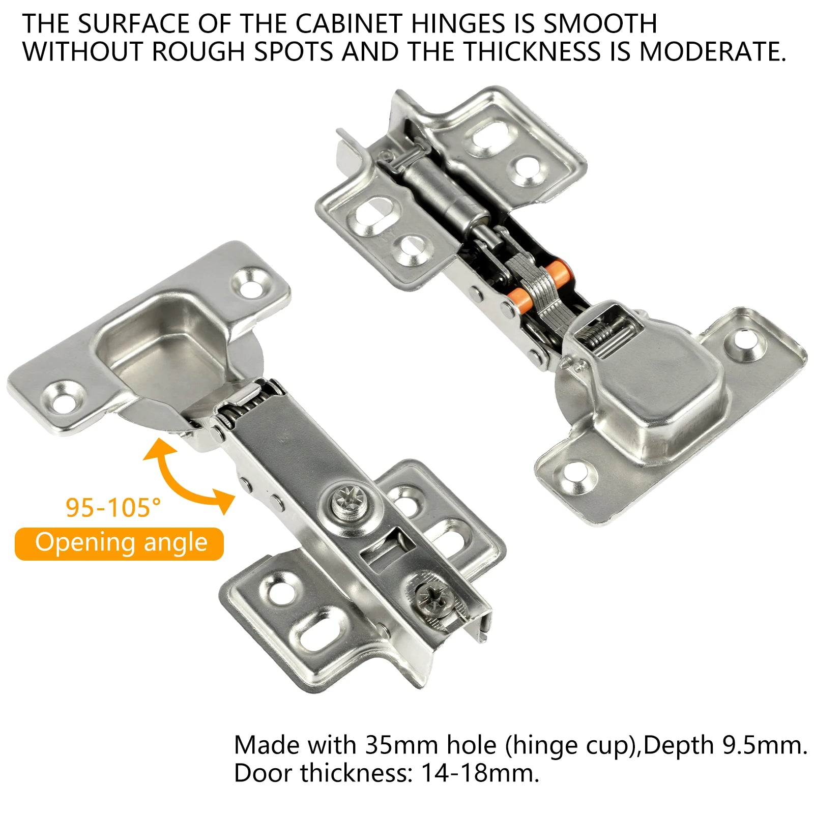 Cold rolled steel hydraulic cabinet door hinges with soft closing feature, suitable for cupboard furniture with 95-105° opening angle.