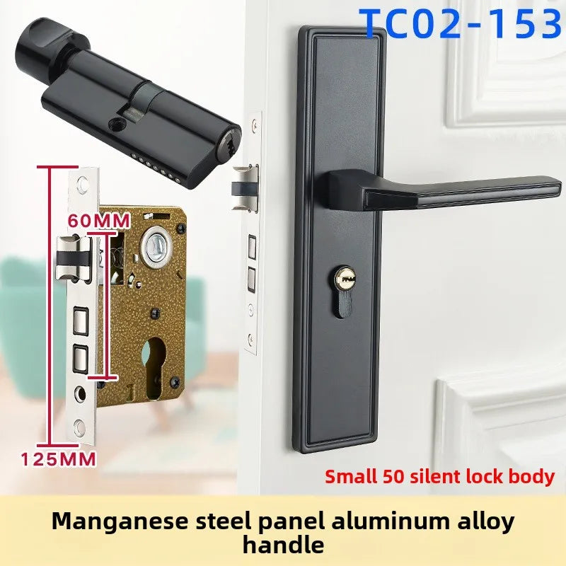 Complete Door Lock Set for Indoor Bedroom, Black Bathroom Solid Wood Handle Silent Home Door Lock, Includes Lock Body and Core