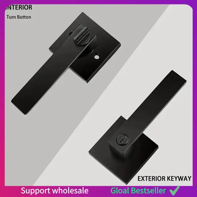 Premium Matte Black Door Lever with Rectangular Handle and Square Base Plate, featuring Interior Turn Button and Exterior Keyway.