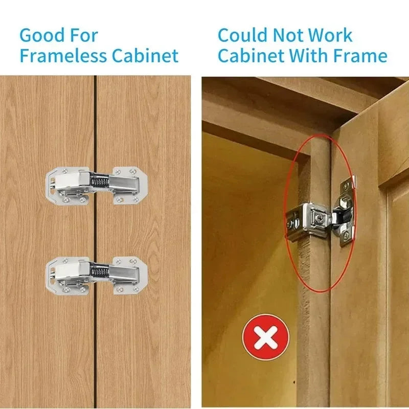 90-degree hydraulic buffer hinges for frameless cabinets, soft close, no-drilling installation.