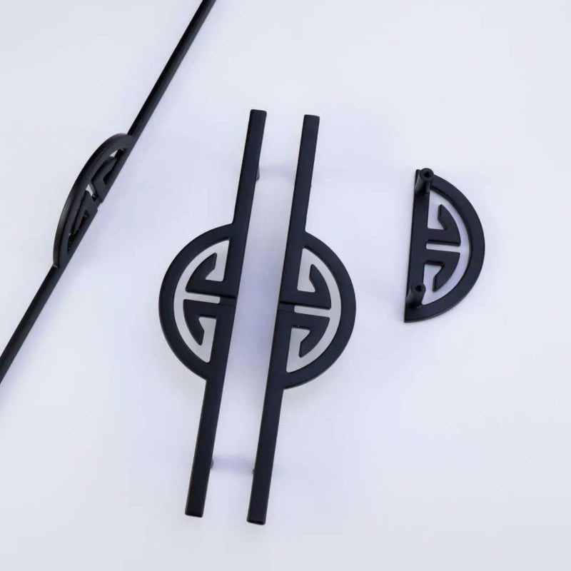 New Chinese style matte black handles for cabinets and drawers with geometric design, suitable for shoe cupboards, bookcases, and wardrobes.