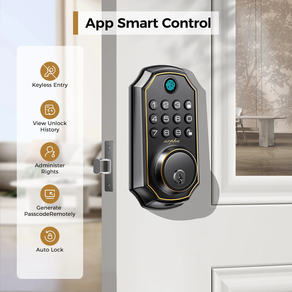 Arpha D280 Keyless Entry Smart Fingerprint Deadbolt with Keypad and Auto-Lock, featuring app control capabilities.