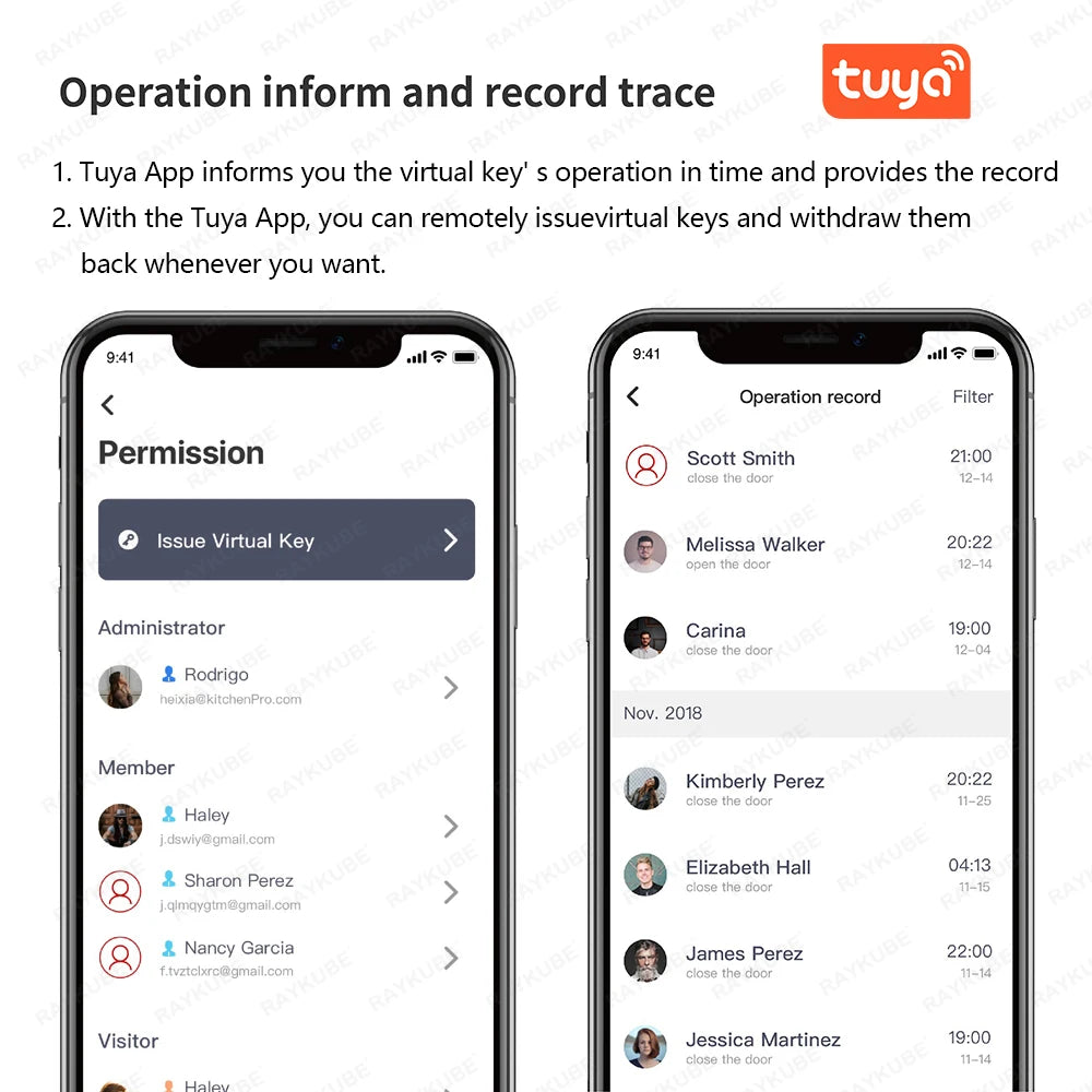 RAYKUBE A1 Ultra Tuya BLE Electronic Door Lock with Tuya App interface showing virtual key management and operation records.