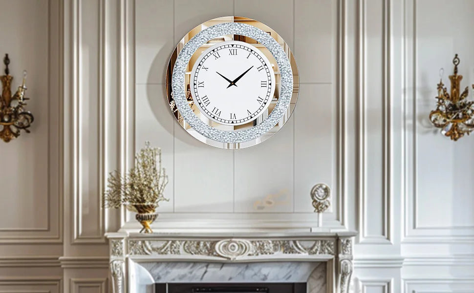 Silver,Tawny Tinted Round Mirror ,24inch Crystal Sparkle Twinkle Bling Crush Diamond Large Mirrored Wall Clock for Living Room