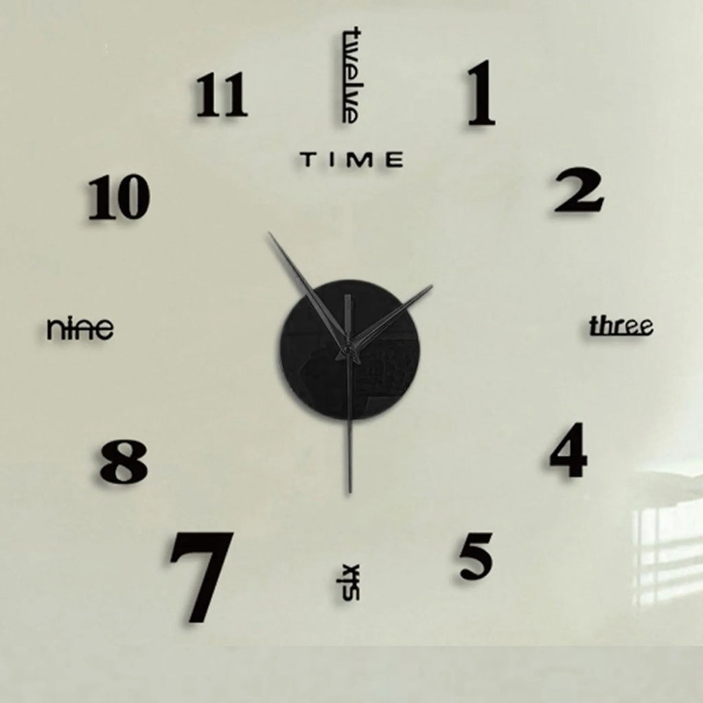 3D DIY wall clock with mirror stickers and mute quartz needle on a light wall background, featuring black numerals and text.