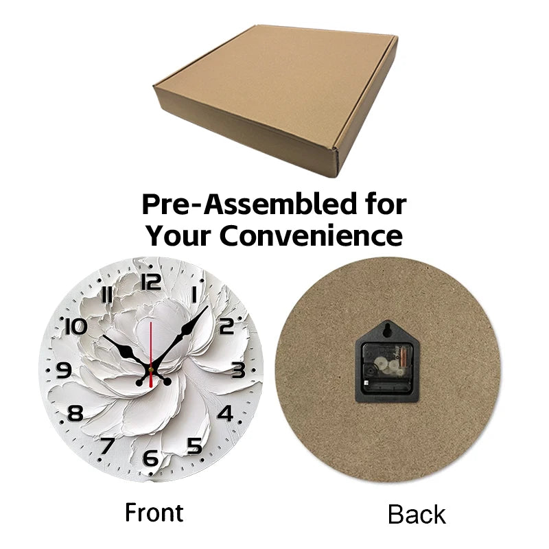 White Peony Wooden Round Silent Hanging Wall Clock, Suitable For Living Room, Office, Study Room, Bedroom, Home Decoration