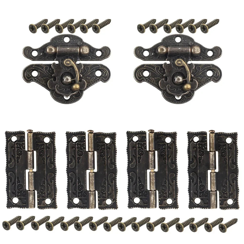 6pcs antique bronze cabinet door hinges with screws, featuring decorative patterns for DIY box and furniture projects.