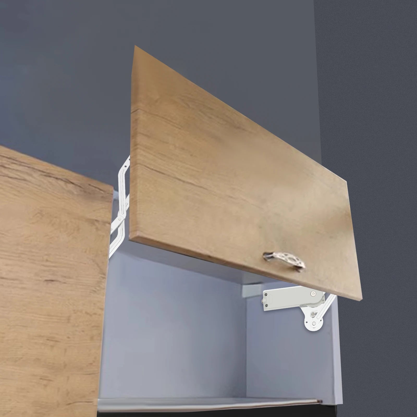 Open wooden cabinet with a hydraulic buffer hinge in silver, showcasing its mechanism.