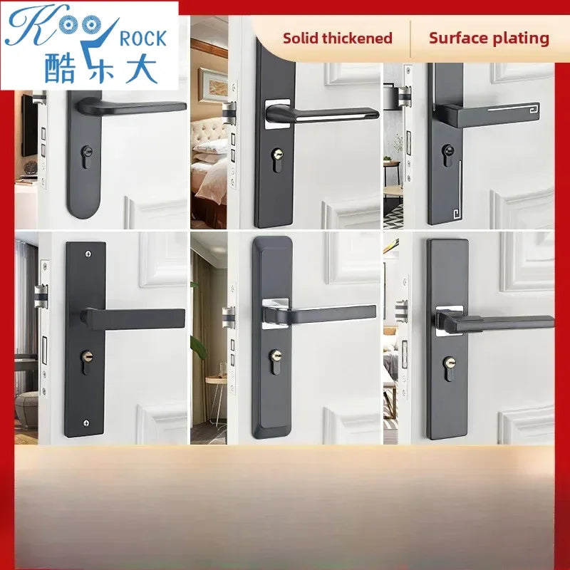 Black indoor door lock set with solid wood handle and surface plating, showcasing various designs on white doors.