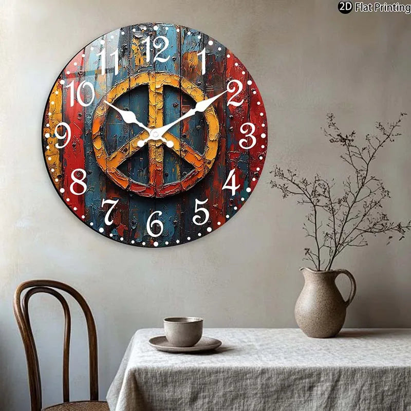 Wooden Silent Wall Clock Abstract peace symbol art Quartz Analog Clock Farmhouse,Office Idea Christmas Halloween