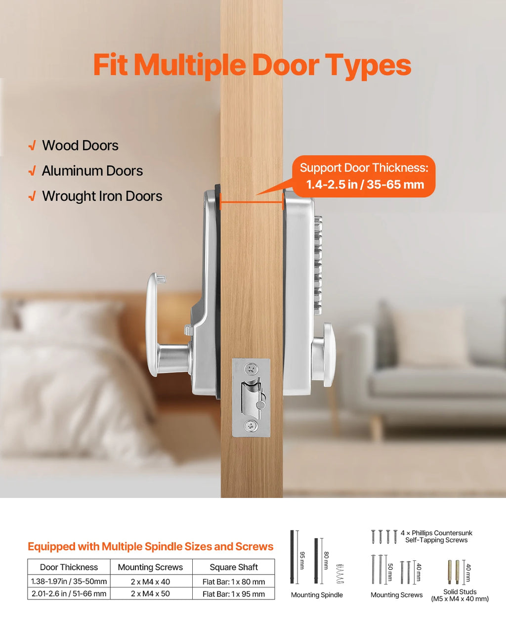 Keyless entry door lock on wood door, compatible with multiple door types and thicknesses, with installation hardware details.