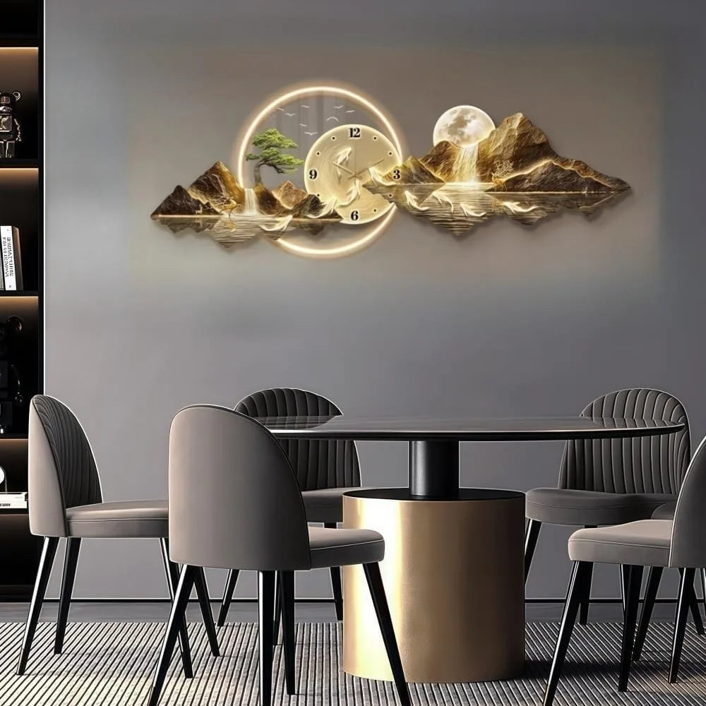 Modern 3D LED Wall Clock, Mountain View Decoration, Elegant Wall Art Clock for Home Decoration Living Room, Bedroom, Office(Smal