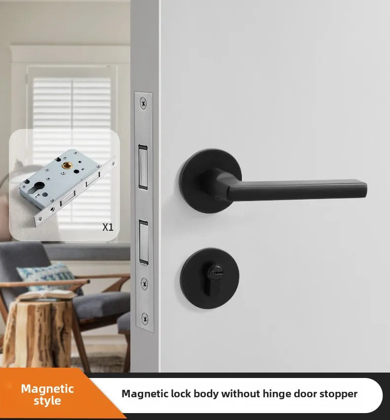 Black American Style Indoor Door Lock, Integrated Magnetic Silent Wooden Door Handle, Universal Home Bedroom Lock