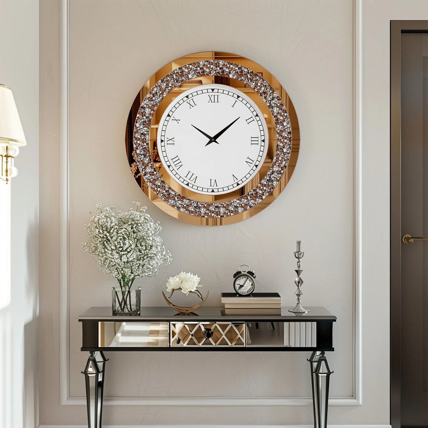 Silver,Tawny Tinted Round Mirror ,24inch Crystal Sparkle Twinkle Bling Crush Diamond Large Mirrored Wall Clock for Living Room