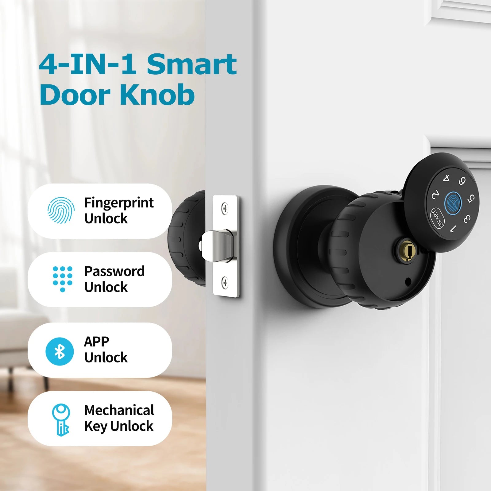 Viladepot Ball Shaped Smart Lock with Fingerprint, Passcode, App, and Mechanical Key Unlock on a White Door.