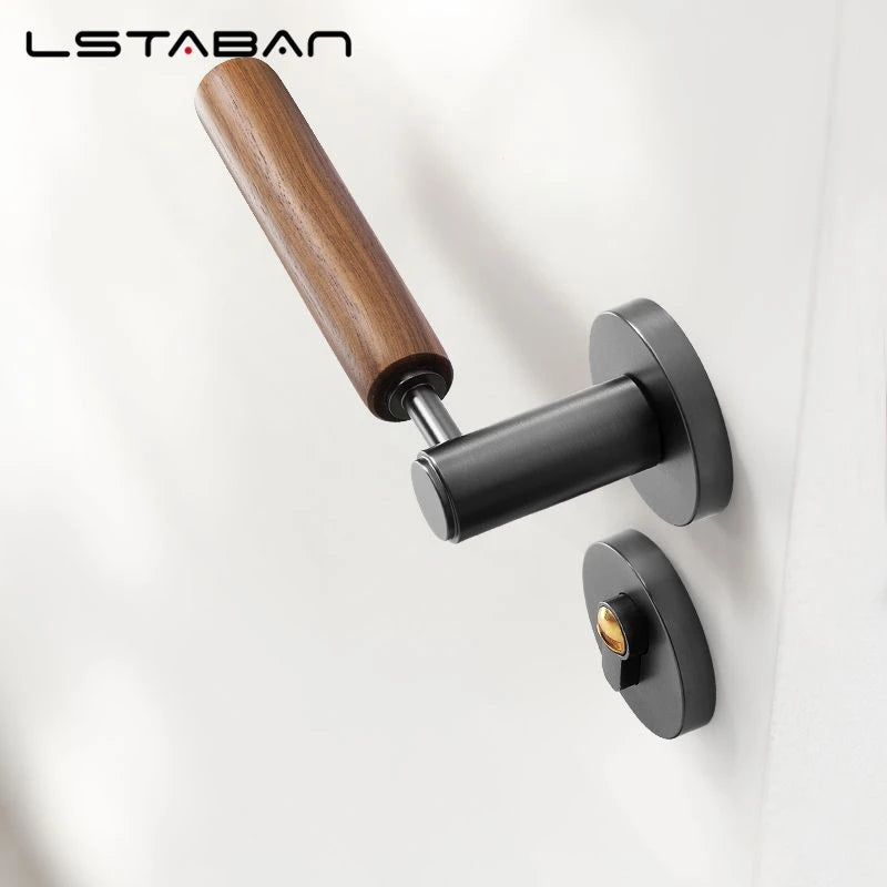 Nordic handmade walnut wood handle door lock with matte black finish, suitable for bedrooms and bathrooms.
