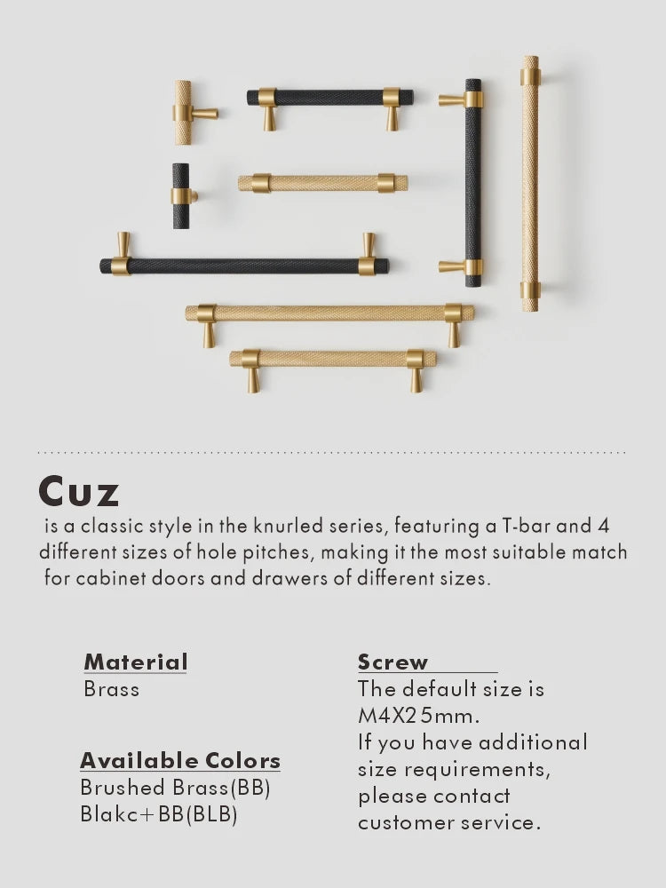 Nurlin brass diamond cut cross knurl pattern cabinet door handles in brushed brass and black variations, displayed on a light background.