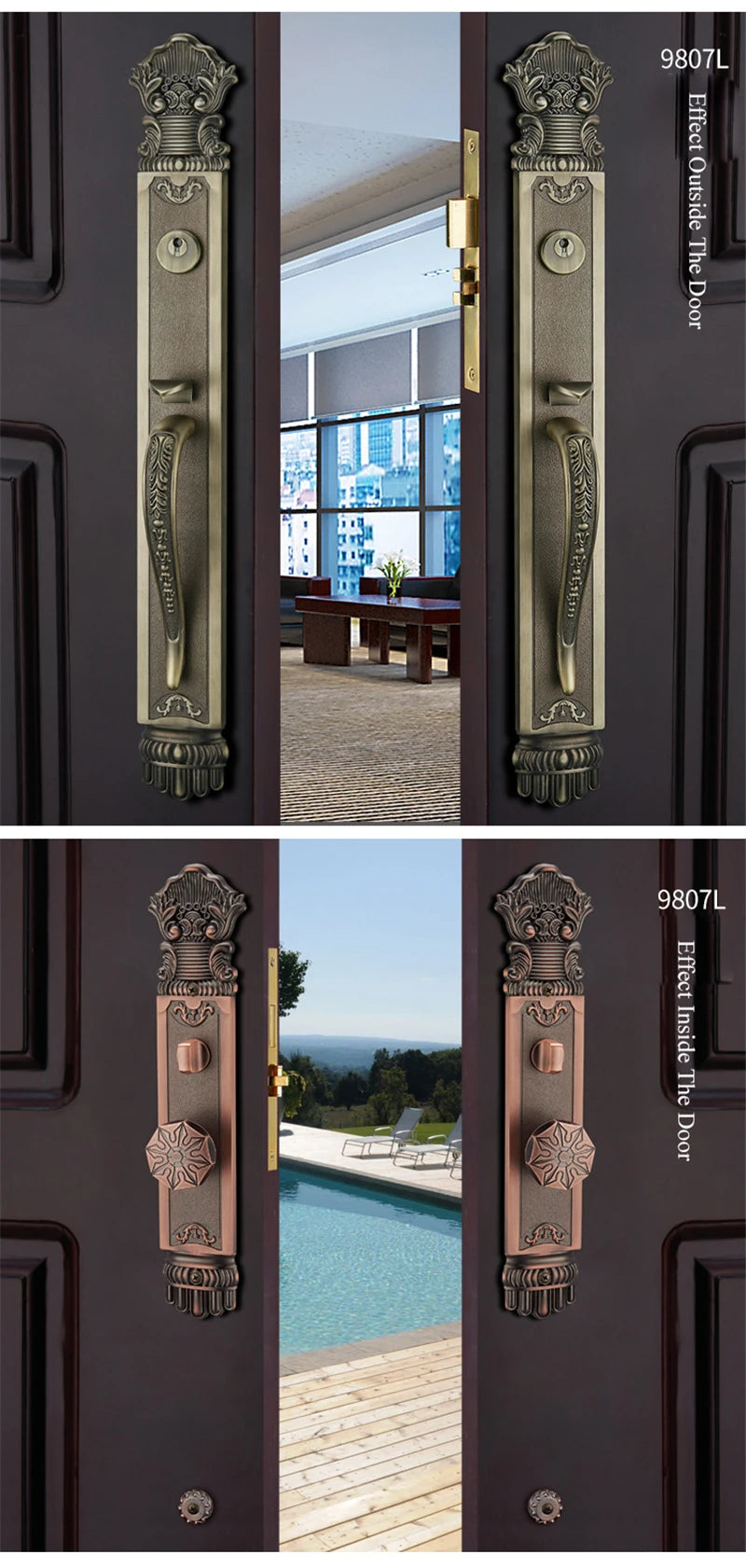 Luxury European Solid wood Villa Interior Door Lock Gate Outdoor Double Open Yellow Bronze Wooden Door Lock