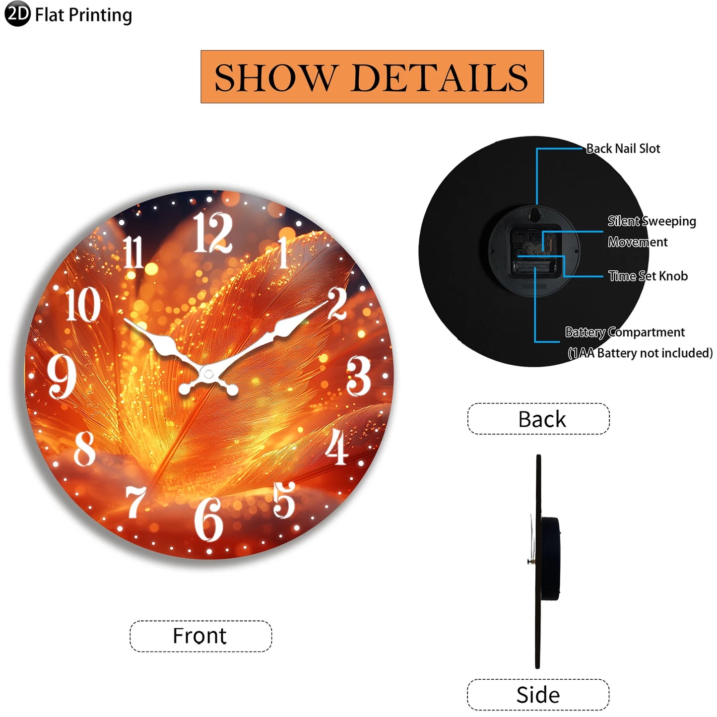 Wooden Silent Wall Clock Abstract glowing feathers Quartz Analog Clock for Bedroom Bathroom Halloween New Year Gift