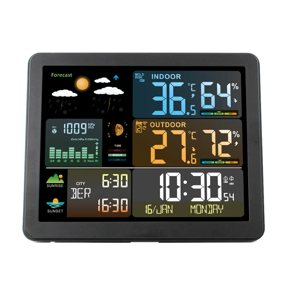 Wireless weather station with colorful display showing indoor and outdoor temperatures, humidity, weather icons, barometer, and dual alarm clock.
