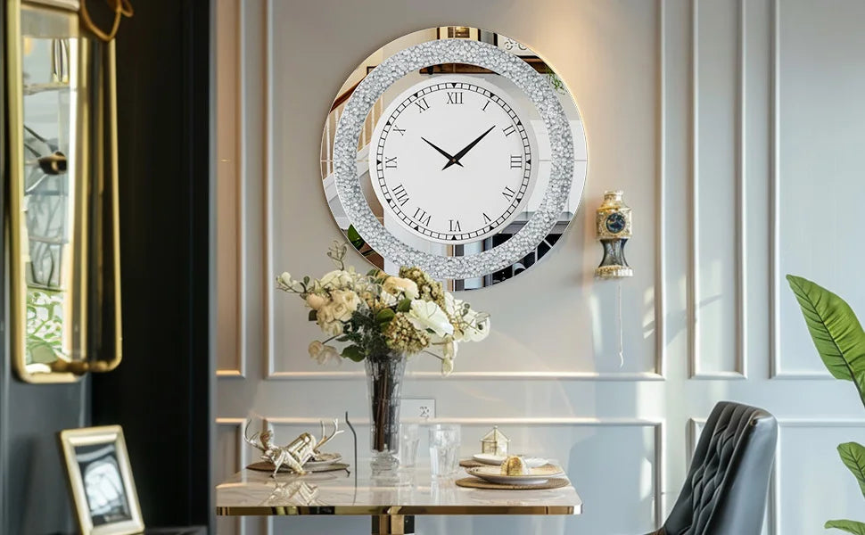 Silver,Tawny Tinted Round Mirror ,24inch Crystal Sparkle Twinkle Bling Crush Diamond Large Mirrored Wall Clock for Living Room
