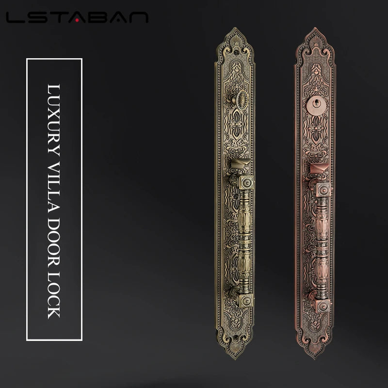 Premium European villa door lock in antique brass and copper finishes with intricate detailing.