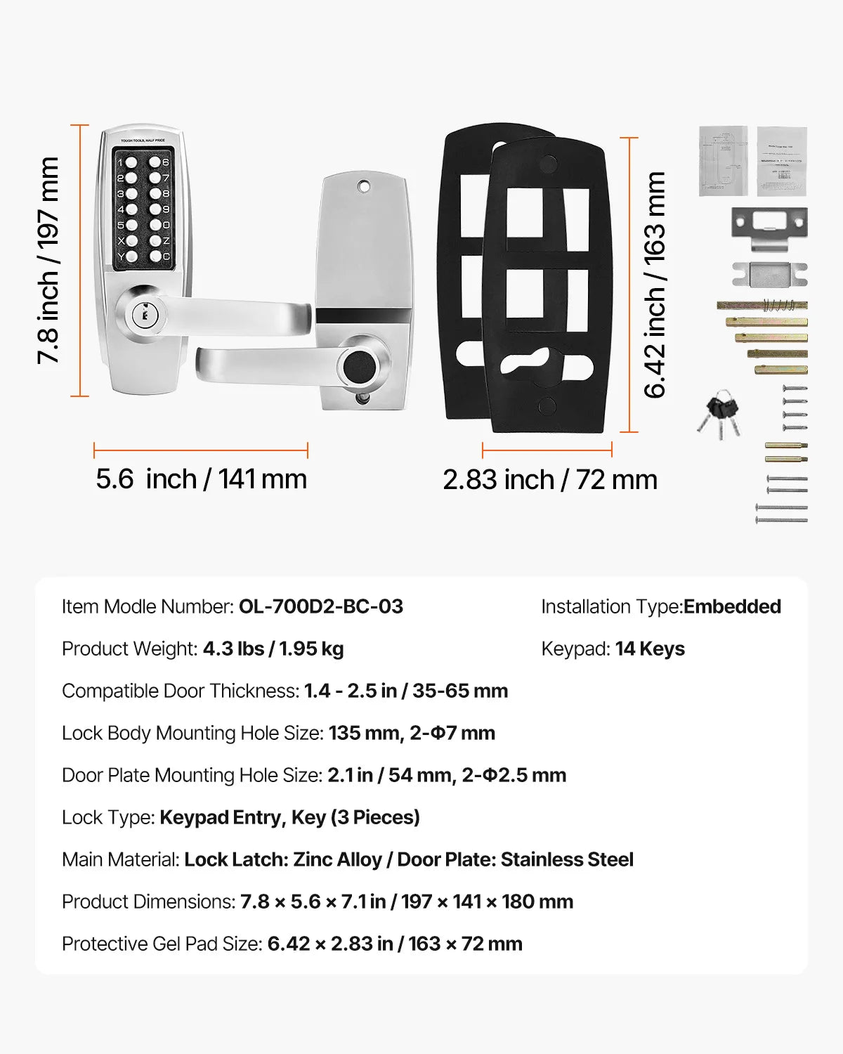 SucceBuy Mechanical Keyless Entry Door Lock 14 Key Mechanical Door Lock Mechanical Keypad Door Knob Single-Side Keyless Lock
