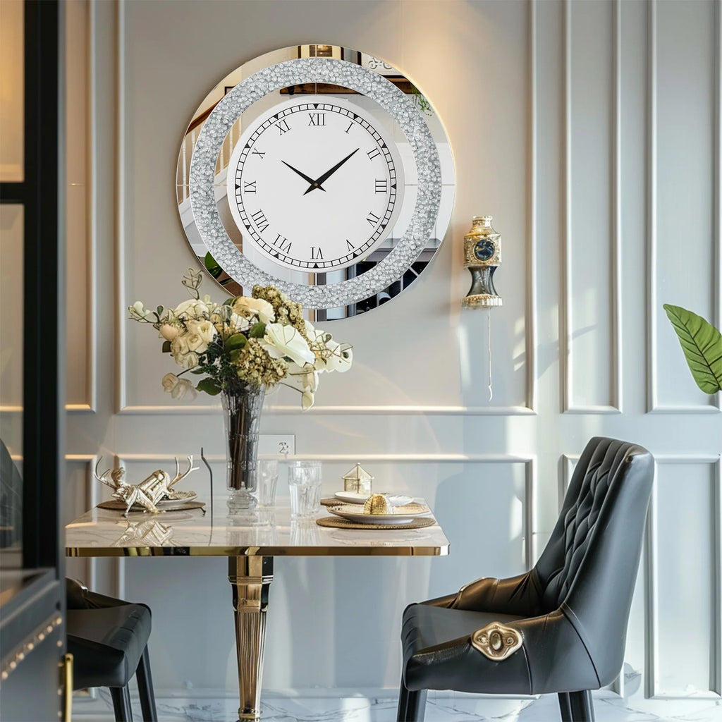 Luxury large mirrored wall clock with Roman numerals and crystal detailing in an elegant dining room setting.