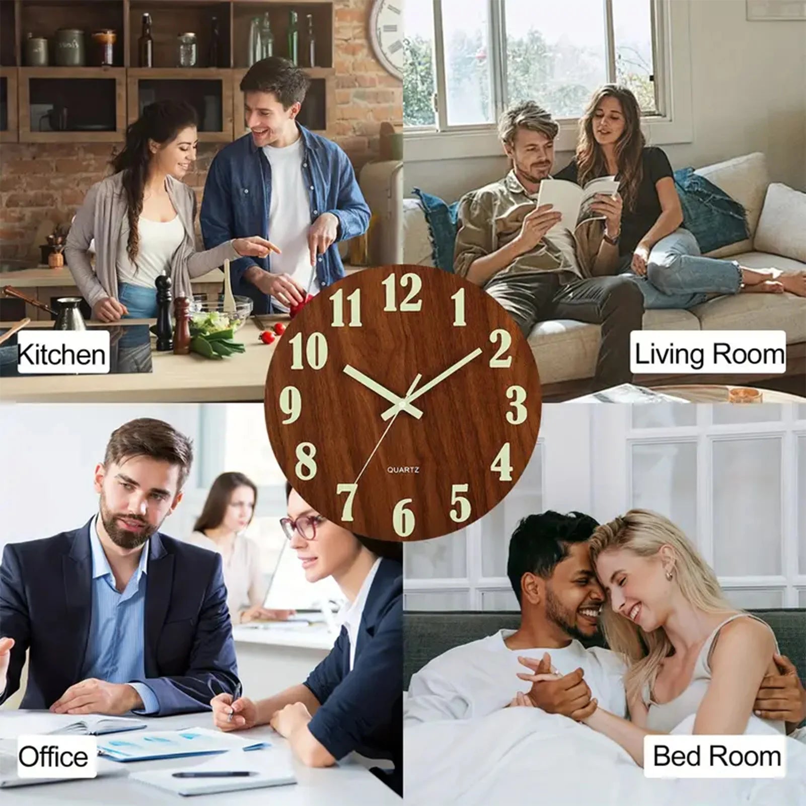 12-inch wooden wall clock with luminous numbers and silent non-ticking mechanism, ideal for kitchen, living room, office, and bedroom decor.