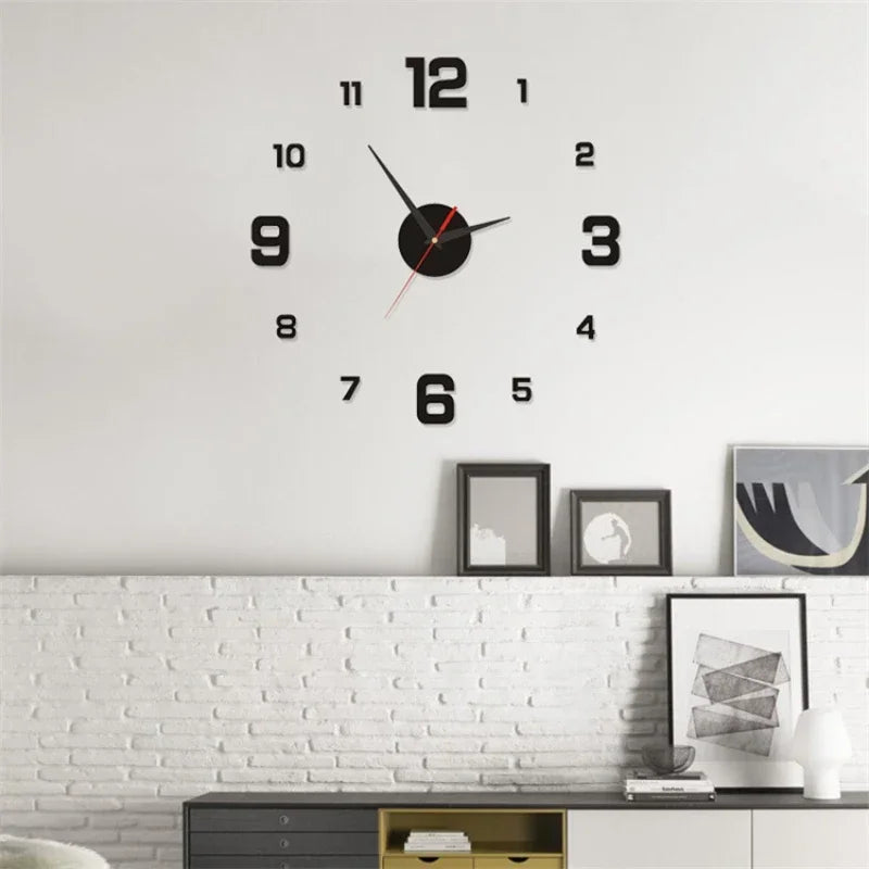3D Luminous Frameless Acrylic Wall Clock with Black Numbers on White Wall in Modern Living Room Decor