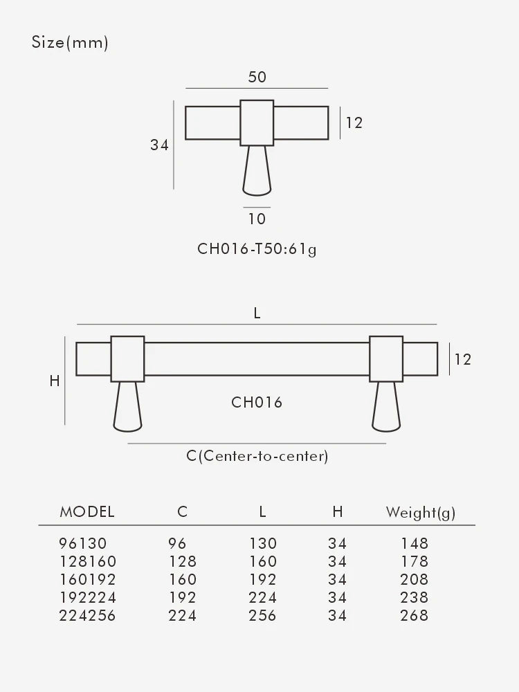 Technical diagram of Nurlin Brass Diamond Cut Cross Knurl Pattern T-Bar Cabinet Door Handle with size specifications.