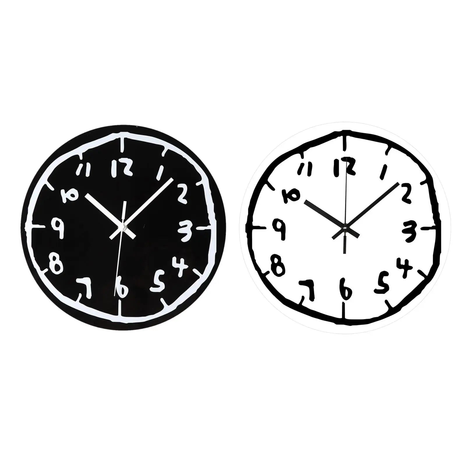 Unique fashion creative mute art wall clocks with hand-drawn numbers for home decor, available in black and white designs.