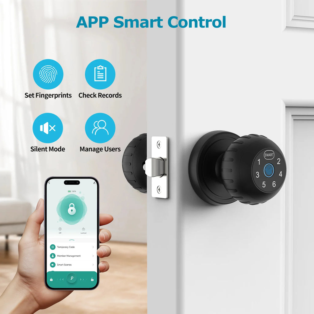Viladepot Ball Shaped Smart Lock with fingerprint and touchscreen keypad, app-controlled with features like passcode unlock and user management.