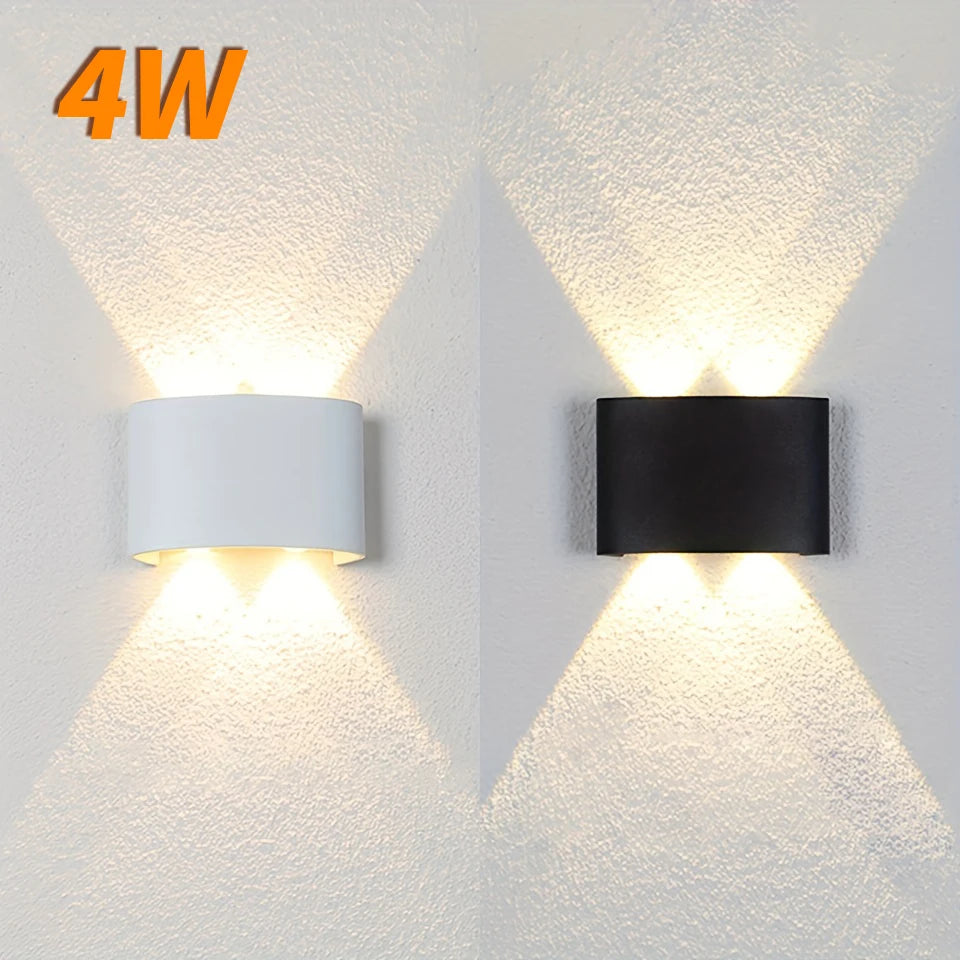 LED Wall Lamp Outdoor Waterproof IP66 4W in black and white finishes on textured wall, suitable for garden, bedroom, living room, stairs.