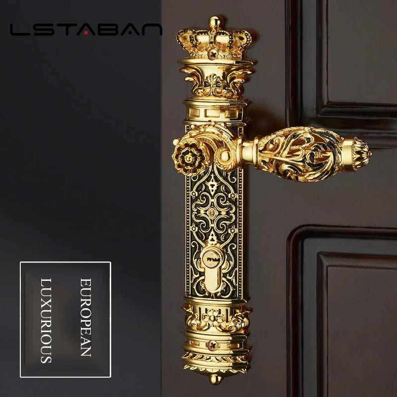 Premium brass door lock with intricate European design and crown detail, mounted on a dark wooden door.